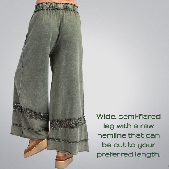 EASEL Lace Detailed Terry Knit Cotton Mineral Washed Wide Leg Drawstring Pockets - Picture 6 of 16